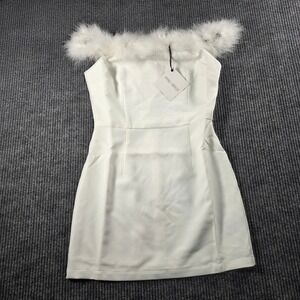 Spring + Mercer Womens White  Feather Trim Off Shoulder Mini Dress Size S NWT